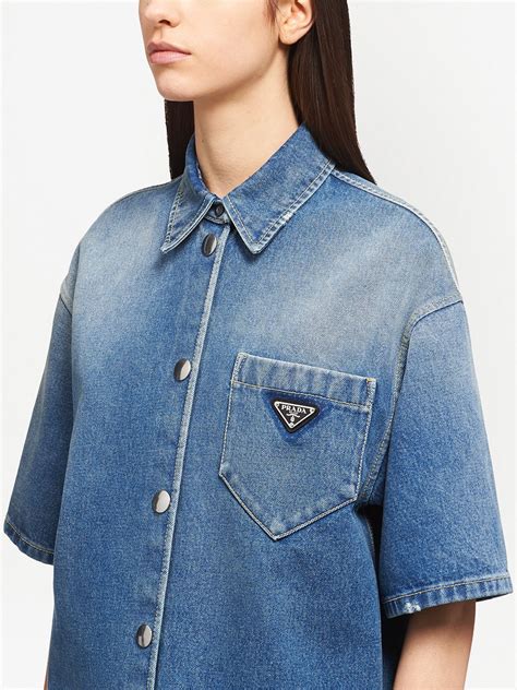 prada logo plaque denim shirt|Prada denim shirt dress.